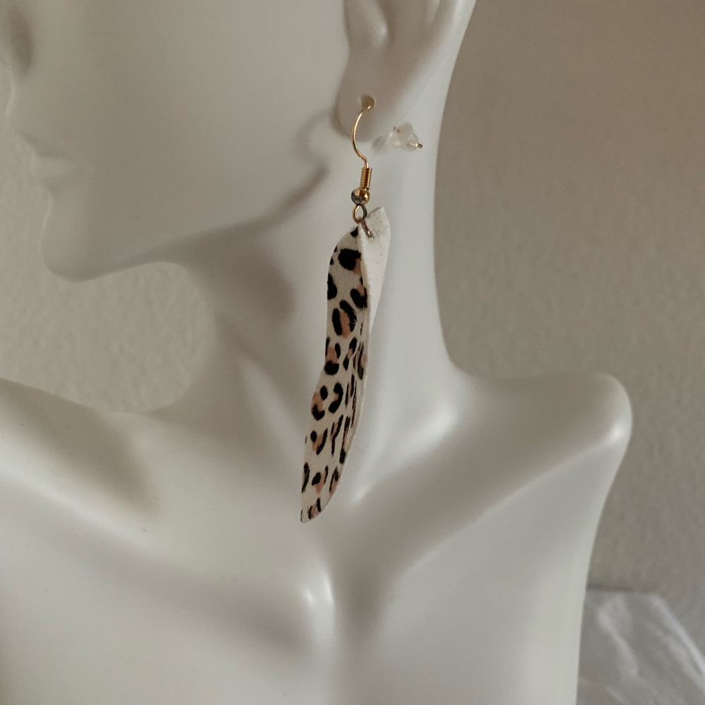 White Animal Print Leather Drop Earrings - Picture 4 of 7